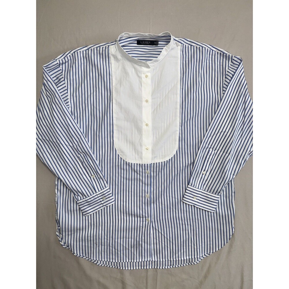 Lauren Ralph Lauren Women Striped Bib Front Panel Cotton Shirt XXL Old Money